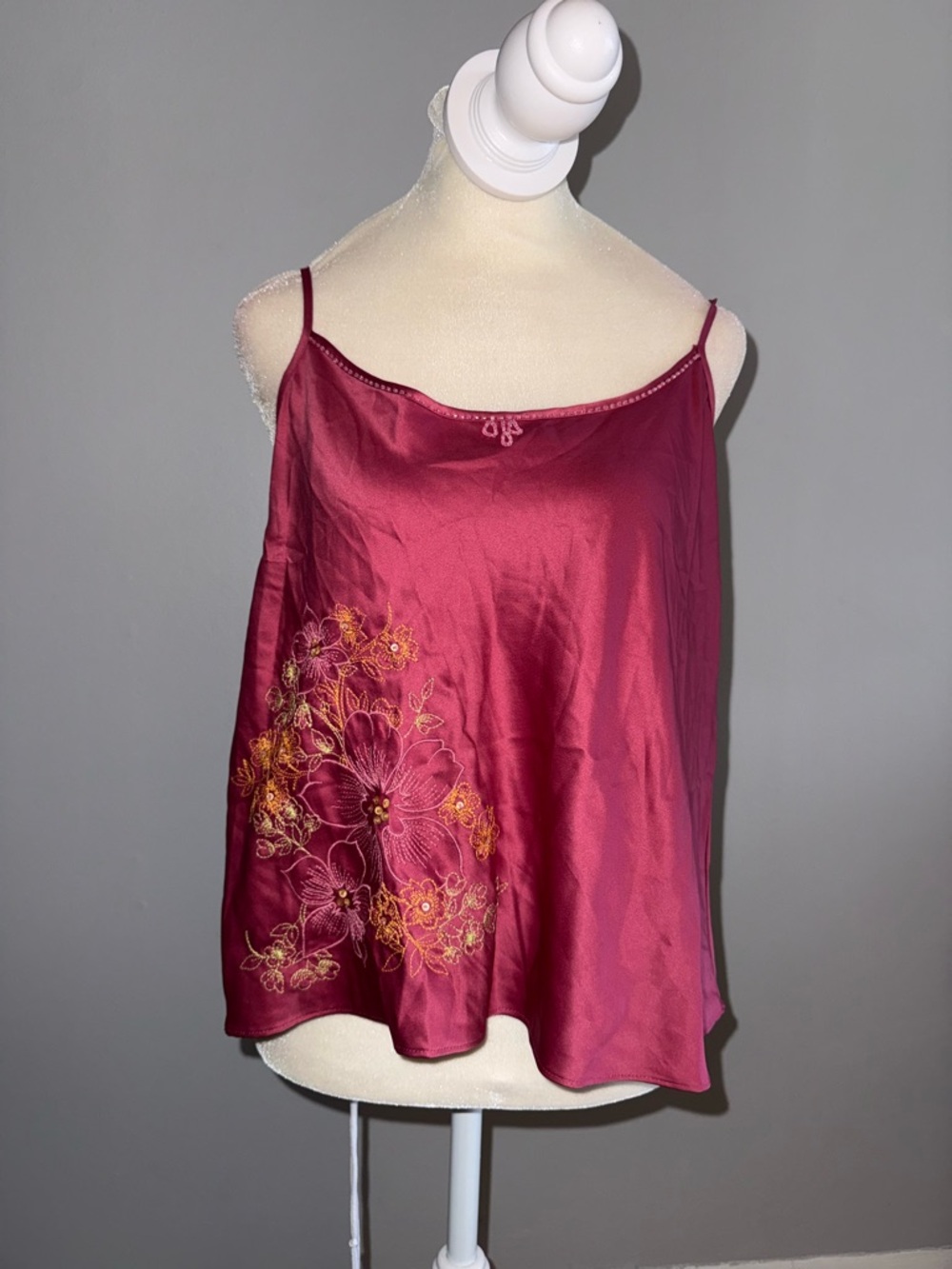 Valerie Stevens Burgundy Satin Floral Embroidered Cami